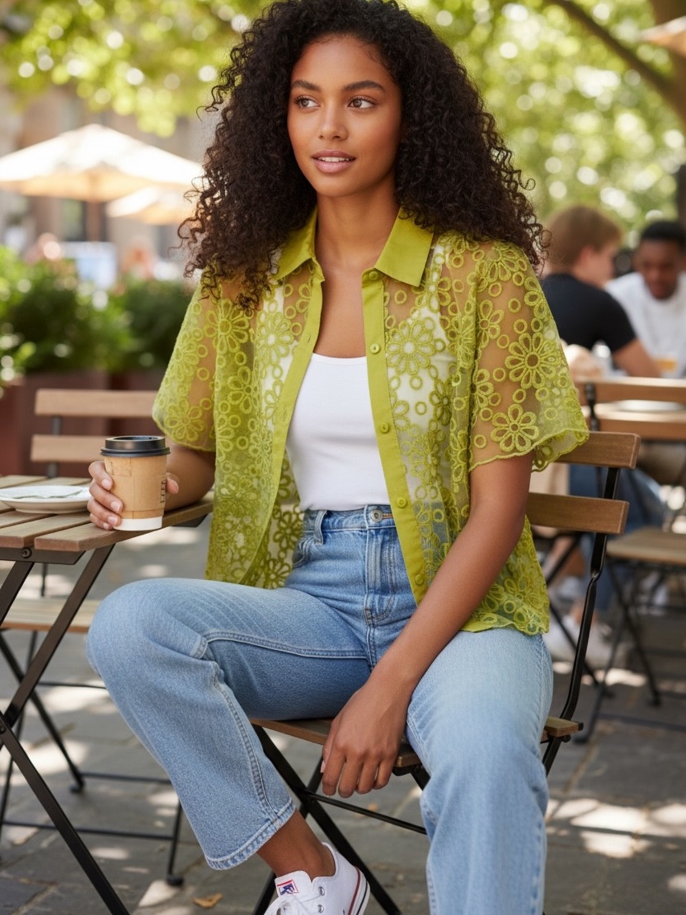 Ryegrass Semi Sheer Embroidered Button Down Top S Green